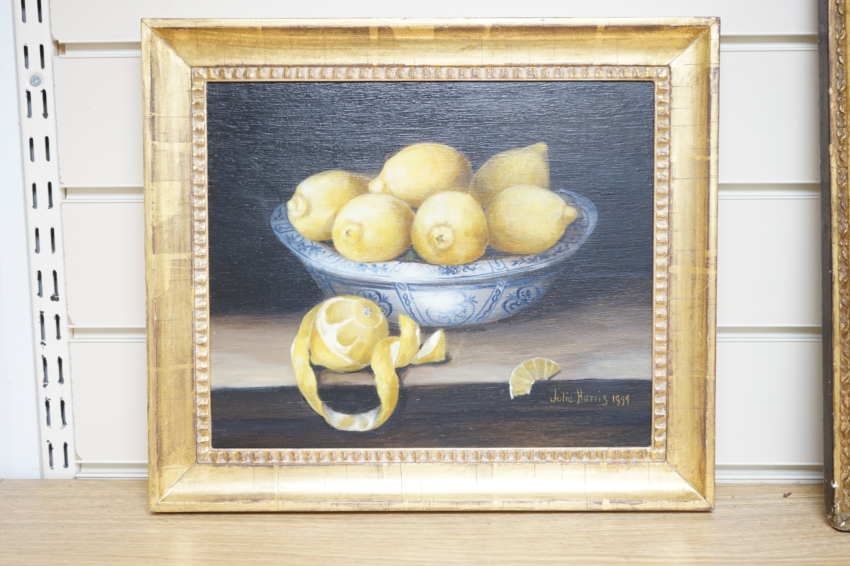 Julie Harris (b.1953), oil on panel, Still life of lemons in a delft bowl, signed and dated 1994, 24 x 30cm